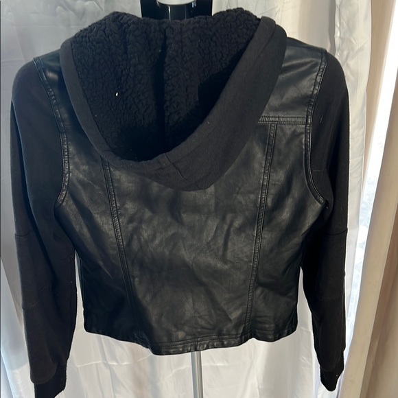 Justice Black Leather Biker Jacket with Hood - Picture 3 of 3